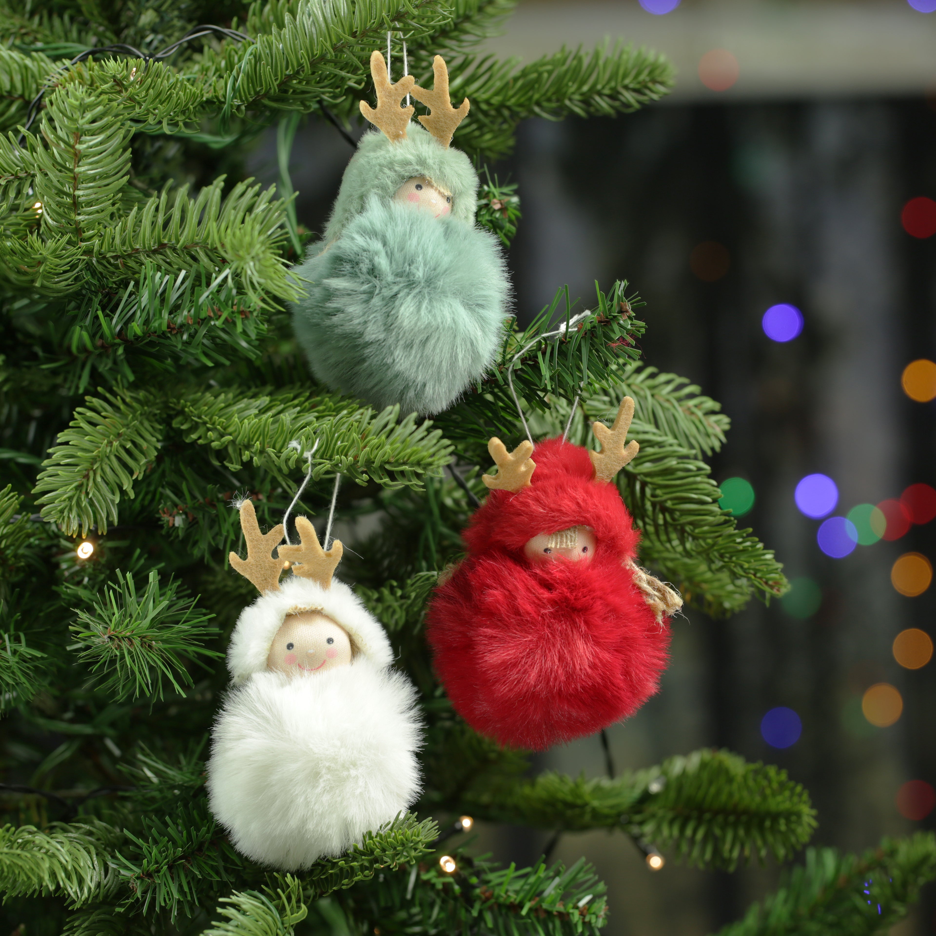 Fluffy Pom Pom Person with Antlers Hanging Decorations - Set of 3 - Bright