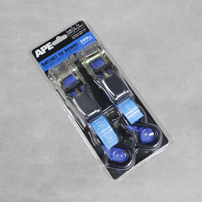 APE - Ratchet Tie Downs - 300kg load / 3m length / 25mm webbing - Pack of 2