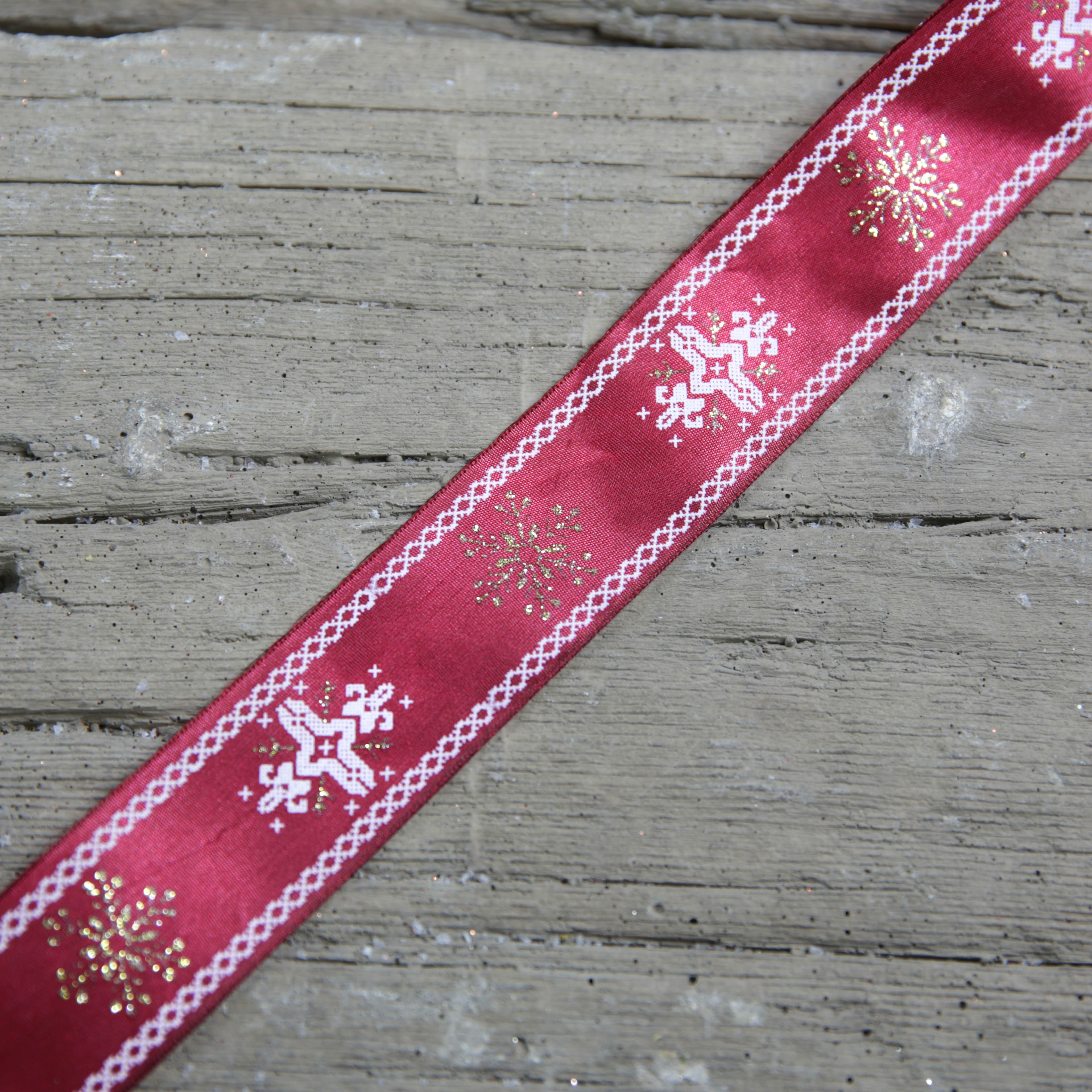 Christmas Print Rustic Ribbon 2.5m Burgundy - 3 Designs Available