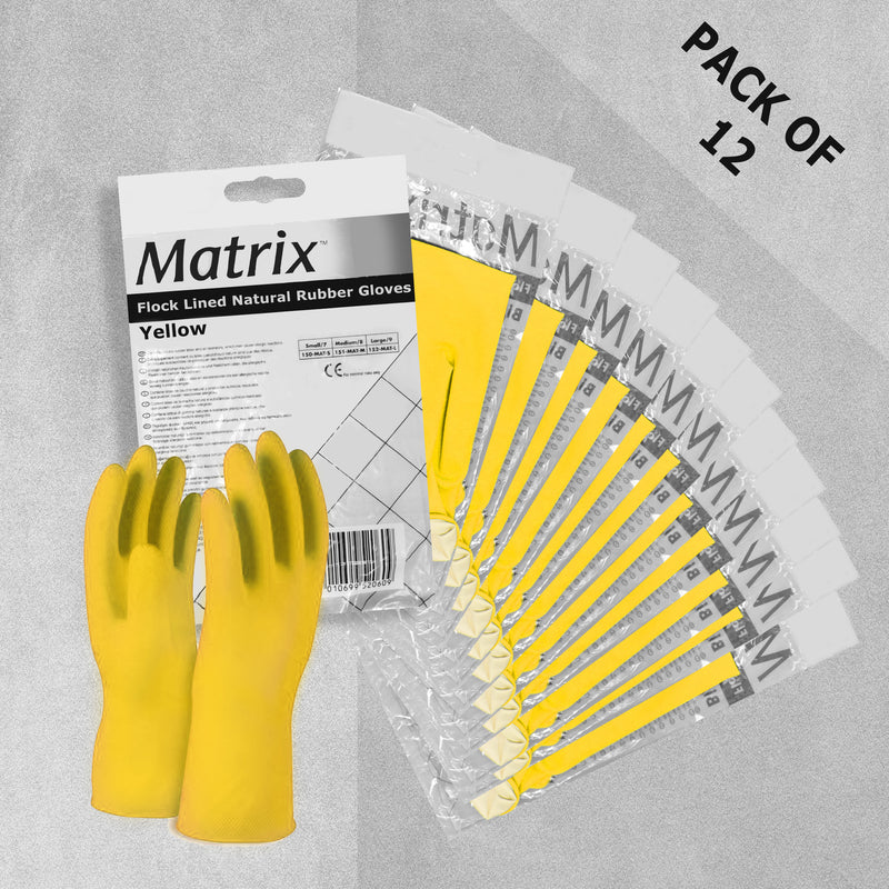 Matrix Flock Lined Natural Rubber Household Gloves Yellow Large Size 9 - Pack of 12 Pairs