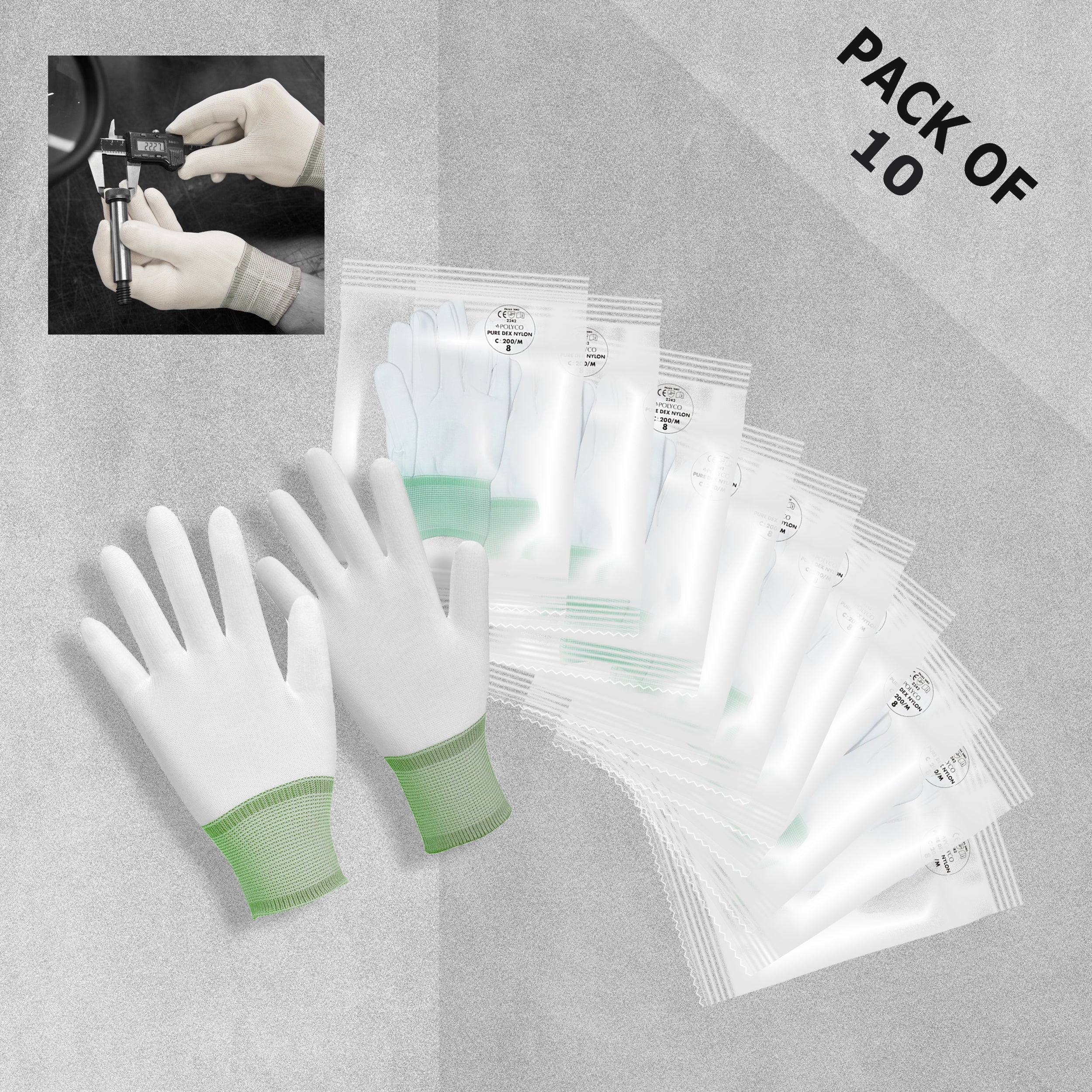 Polyco Pure Dex Nylon Inspection Gloves Size 8 Medium - Pack of 10 Pairs