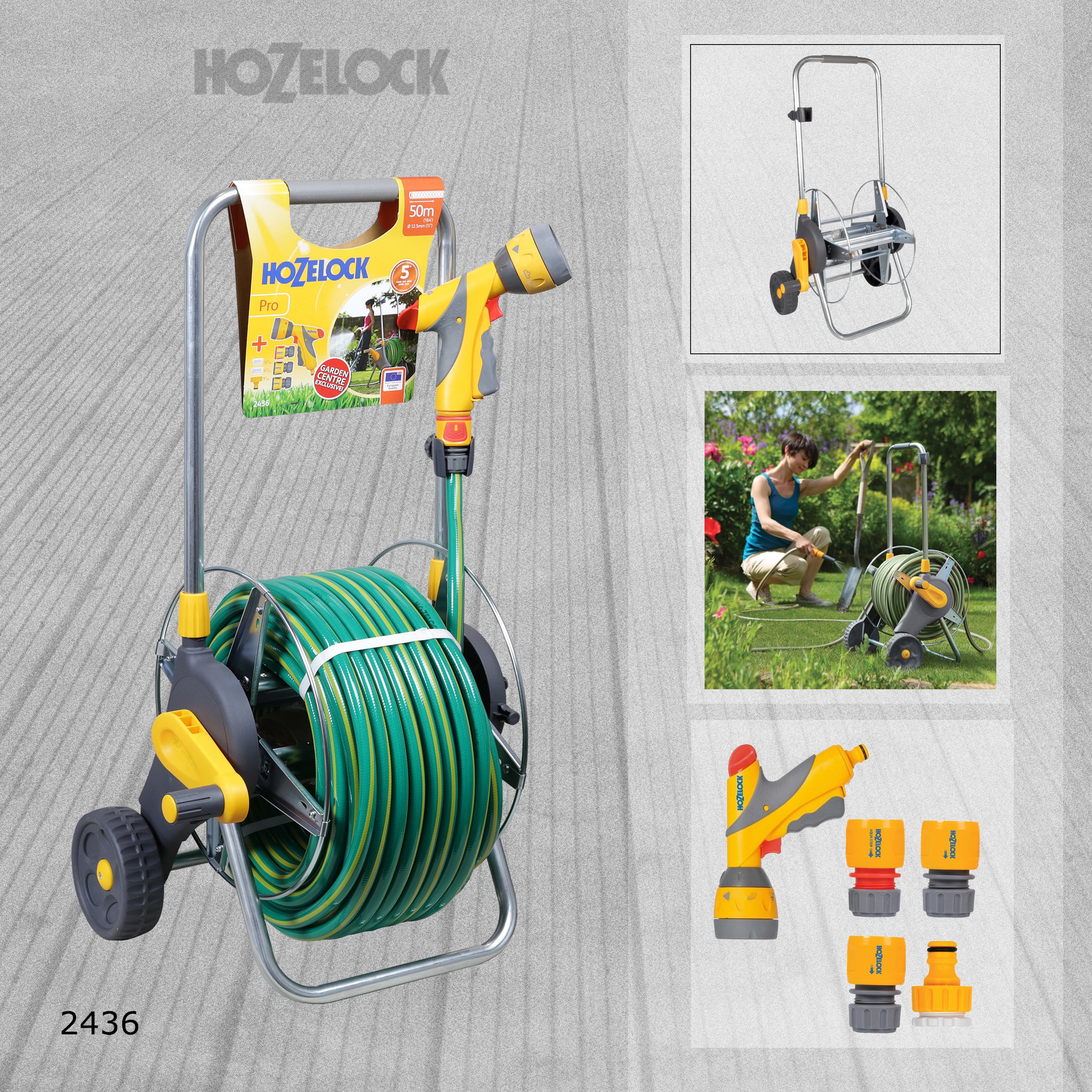 Hozelock 2436 Pro 60m Assembled Hose Cart with 50m Hose - with spray gun and fixings