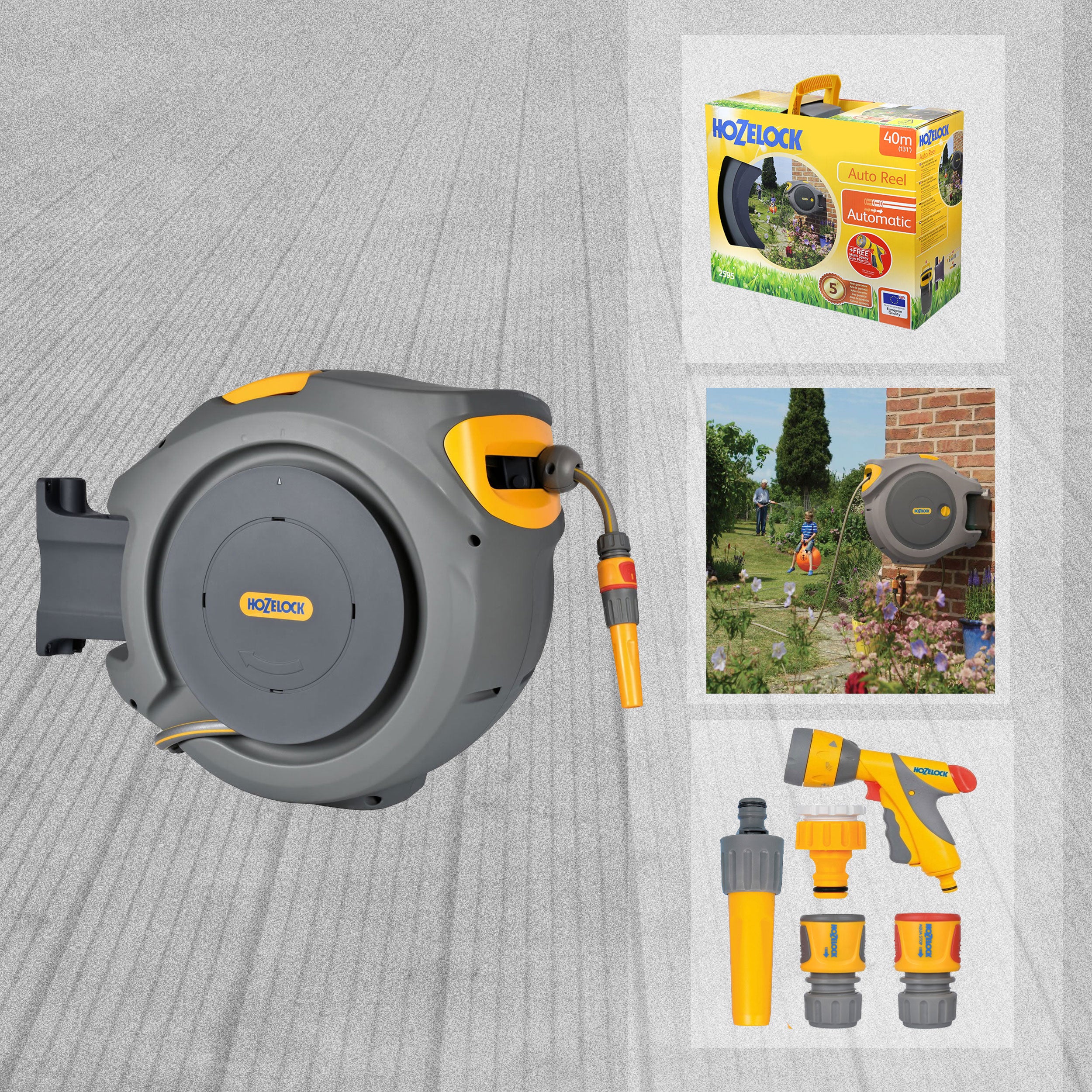 Hozelock Wall Mounted Auto Reel with 40m Hose + Free Multi Spray Gun! (Worn Packaging)