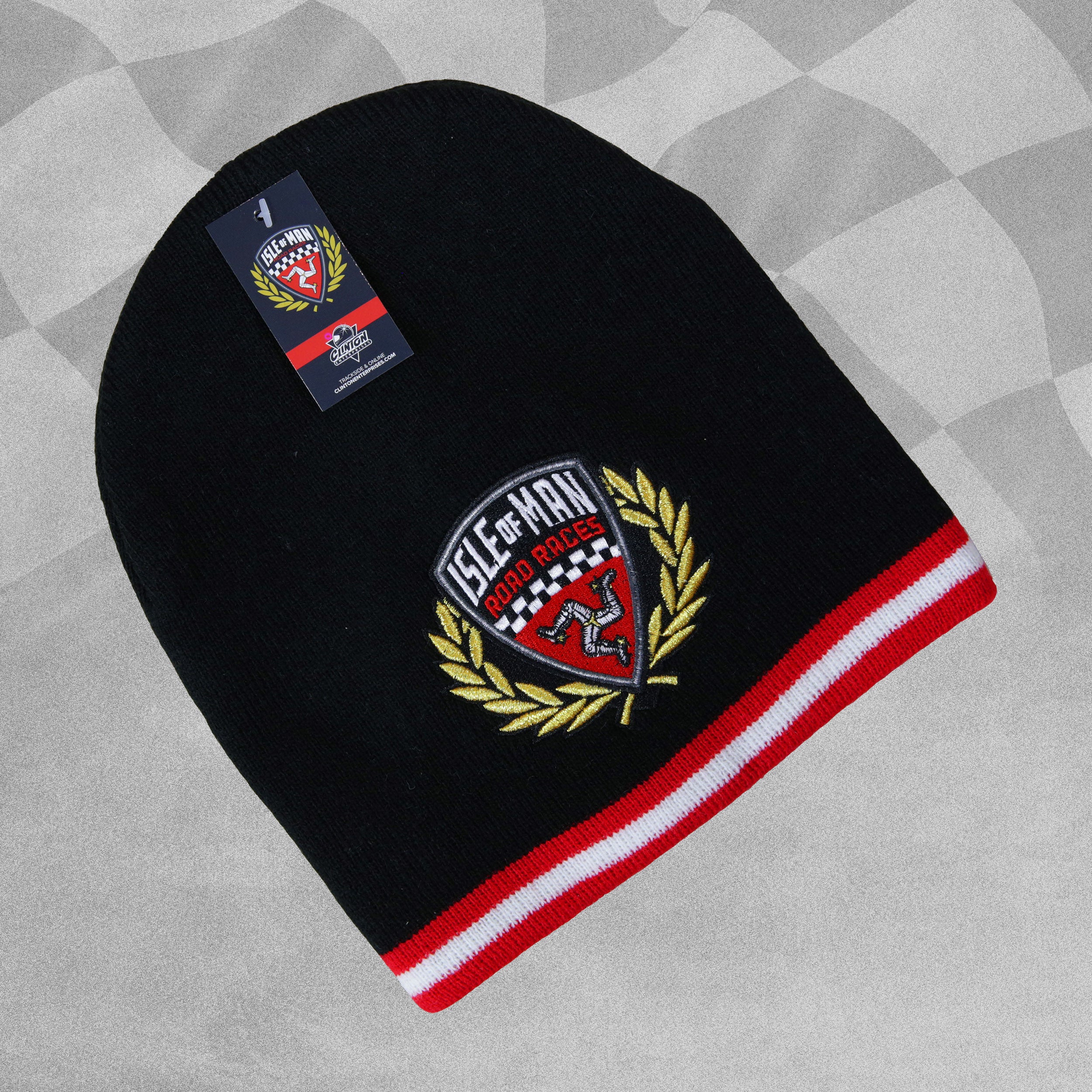 Isle of Man Road Races Black/Red/White Knitted Beanie Hat