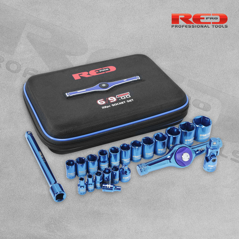 Red Pro Tools 22pc Socket Set 1/4" & 3/8" Drive (6/9.00 Series) - Blue