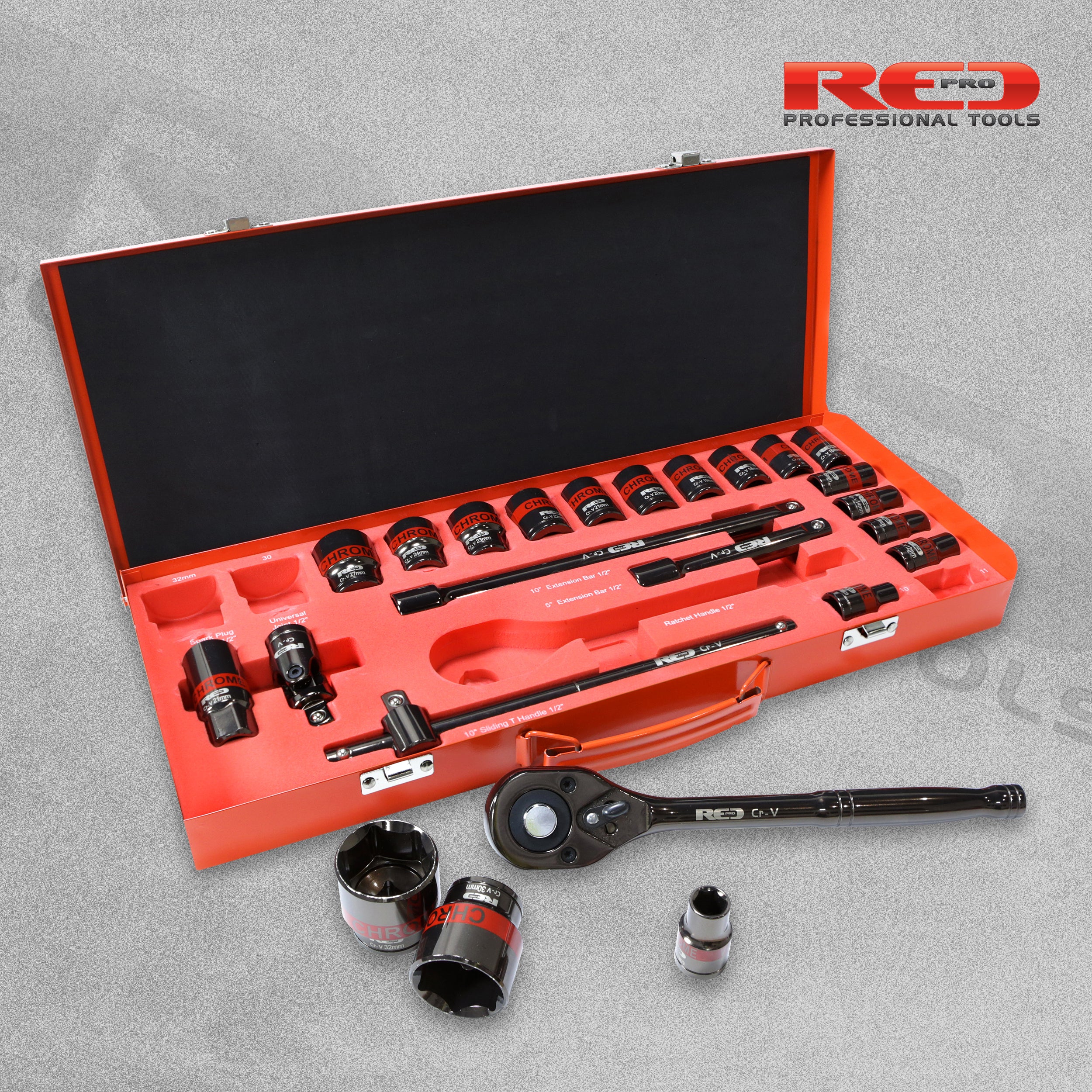 Red Pro Tools 24pc Socket Set - 1/2" Drive