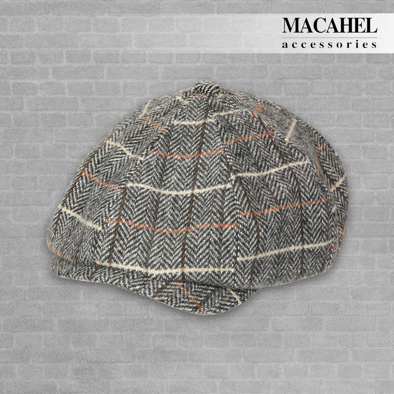 Tweed Cap - Black/Orange/Cream Wide Herringbone 8 Panel Newsboy / Baker Boy  - 0363