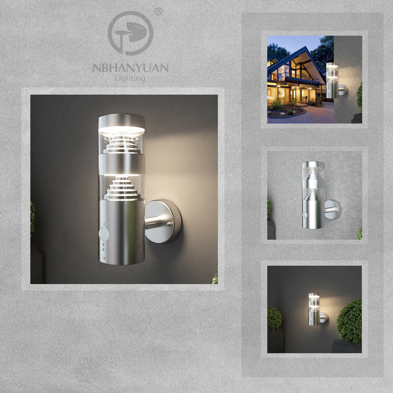 NBHANYUAN Lighting Orlando Outdoor LED PIR Wall Light - Brushed Stainless Steel