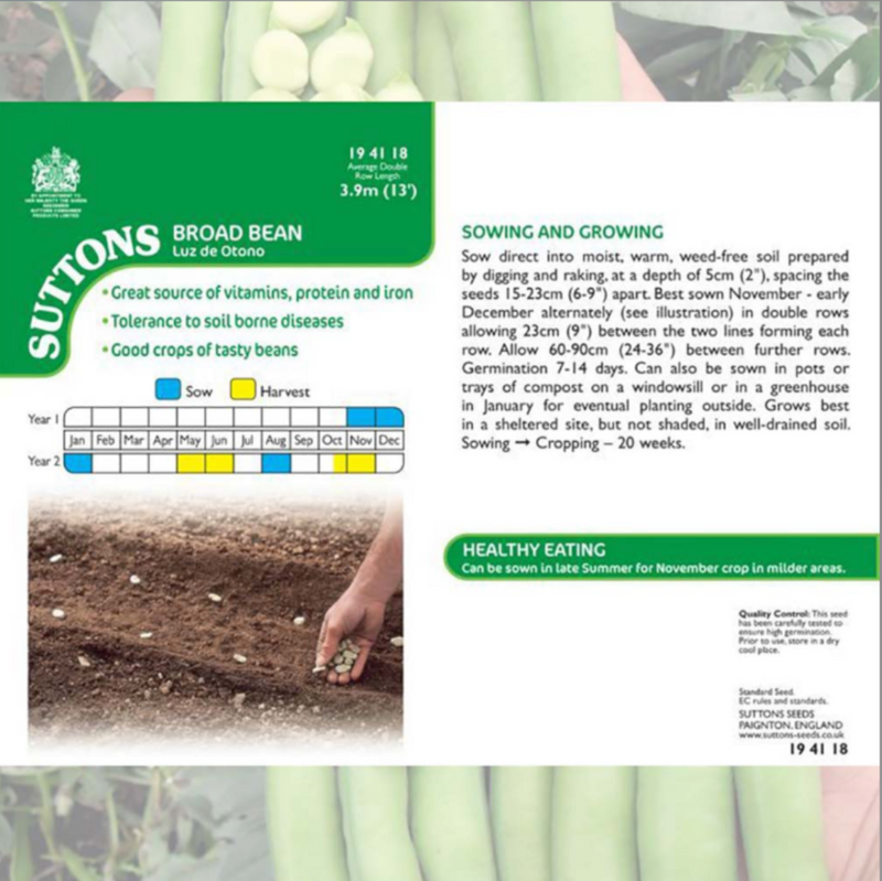 Suttons Broad Bean Seeds - 3 Varieties