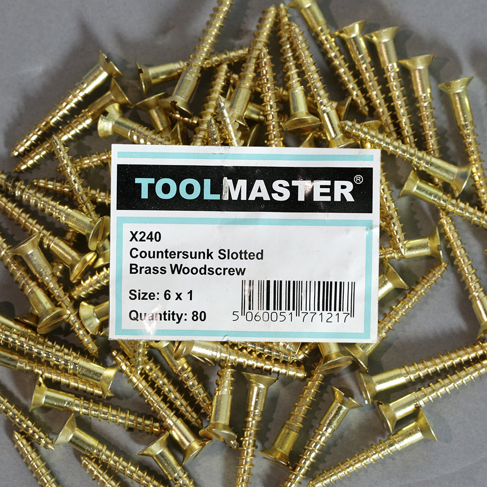Toolmaster Countersunk Slotted Brass Wood Screw 6 x 1
