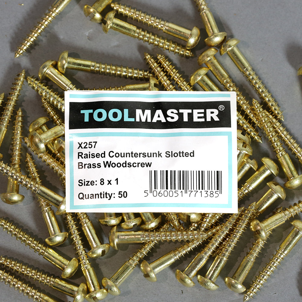 Toolmaster Raised Countersunk Slotted Brass Wood Screw 8 x 1