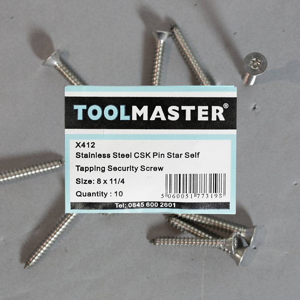 Toolmaster Stainless Steel CSK Pin Star Self Tapping Security Screw 8 x 1 1/4