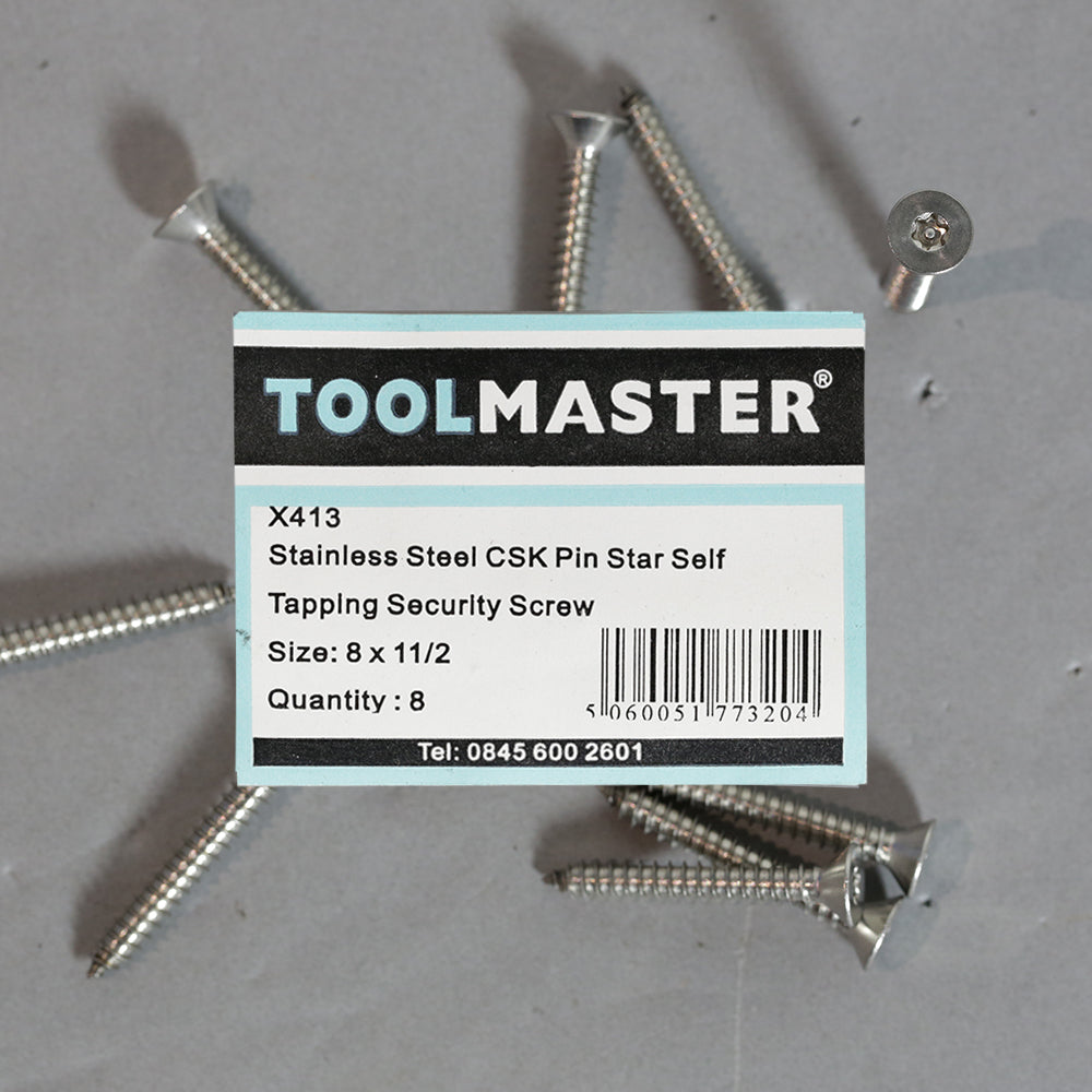 Toolmaster Stainless Steel CSK Pin Star Self Tapping Security Screw 8 x 1 1/2
