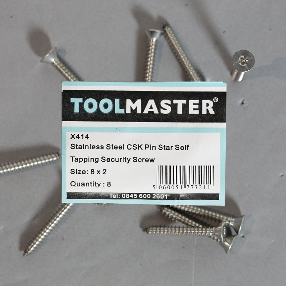 Toolmaster Stainless Steel CSK Pin Star Self Tapping Security Screw 8 x 2