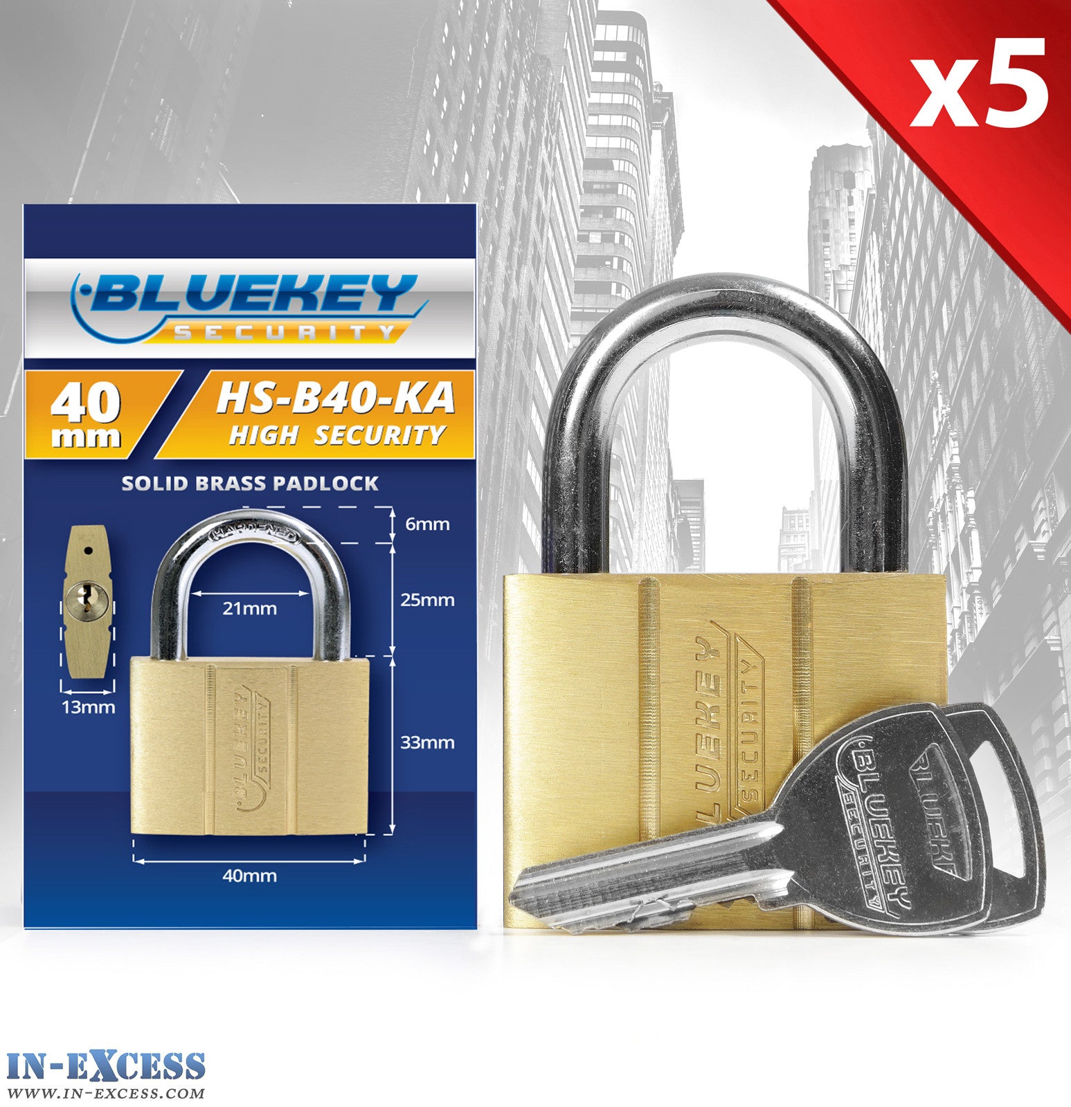 5x Bluekey Heavy Duty Solid Brass Keyed Alike 40mm Padlocks HS-B40-KA