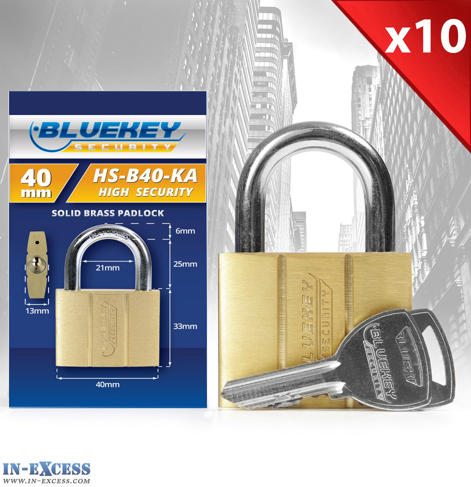 10x Bluekey Heavy Duty Solid Brass Keyed Alike 40mm Padlocks HS-B40-KA