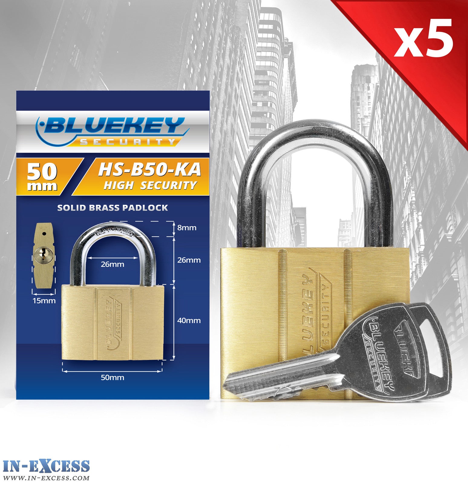 5x Bluekey Heavy Duty Solid Brass Keyed Alike 50mm Padlocks HS-B50-KA