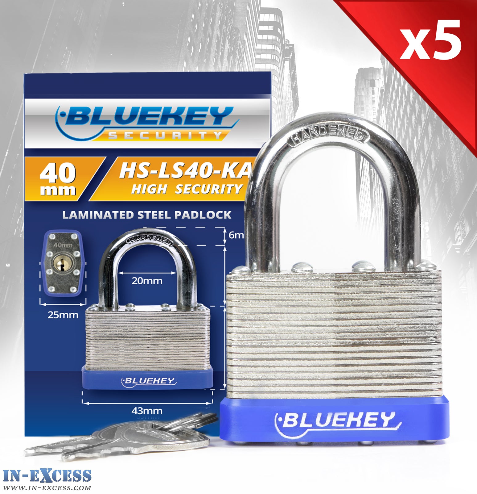 5x Bluekey Heavy Duty Laminated Steel Keyed Alike 40mm Padlocks HS-LS40-KA