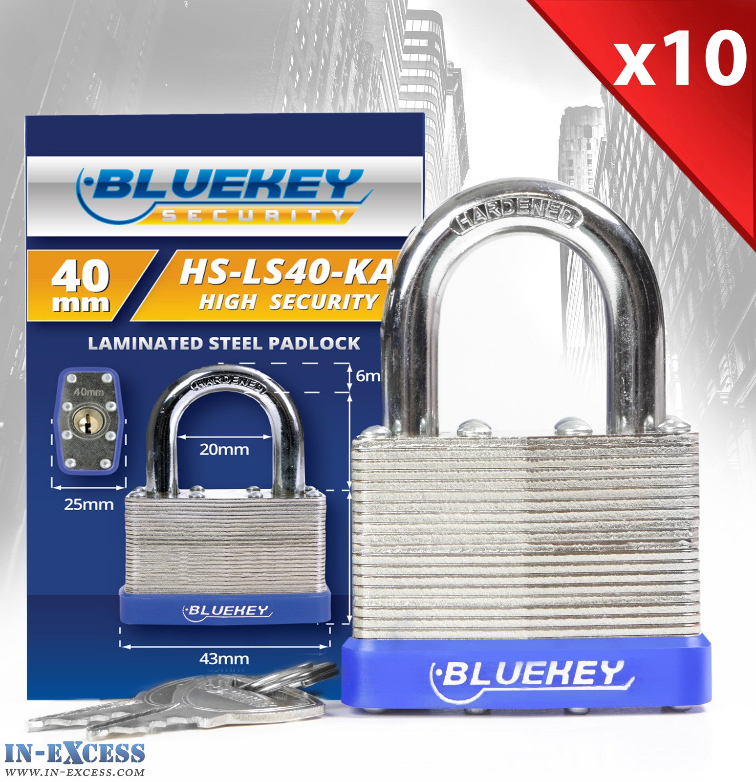 10x Bluekey Heavy Duty Laminated Steel Keyed Alike 40mm Padlocks HS-LS40-KA