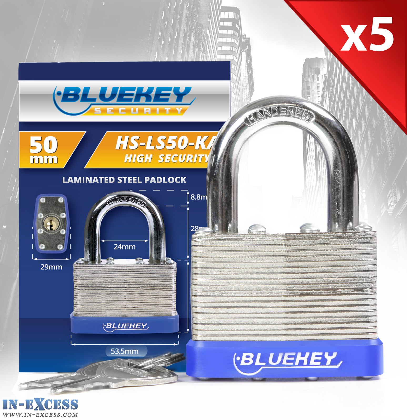 5x Bluekey Heavy Duty Laminated Steel Keyed Alike 50mm Padlocks HS-LS50-KA