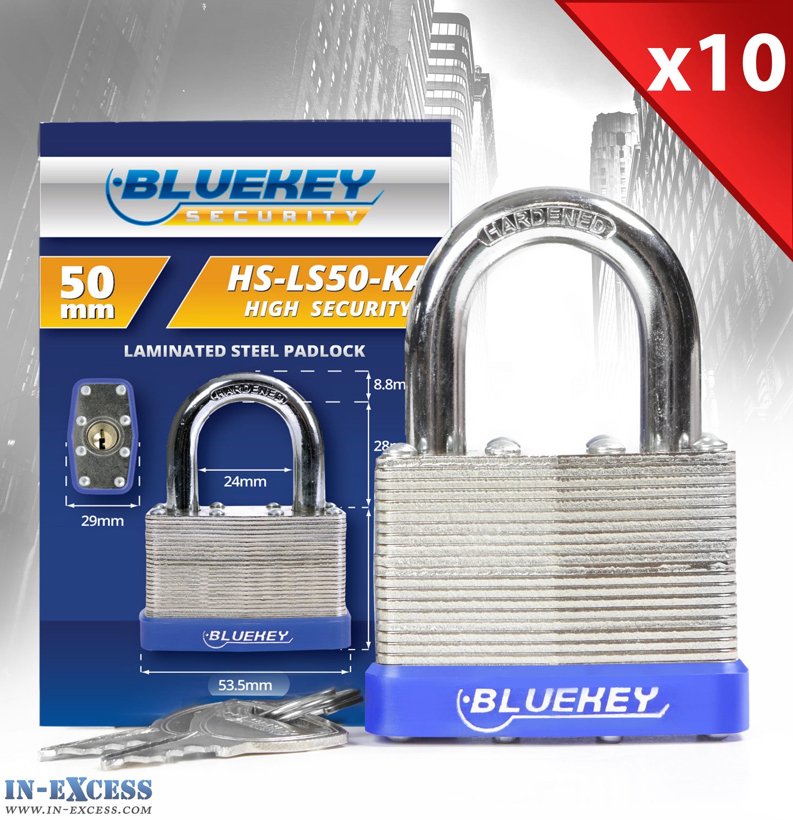 10x Bluekey Heavy Duty Laminated Steel Keyed Alike 50mm Padlocks HS-LS50-KA