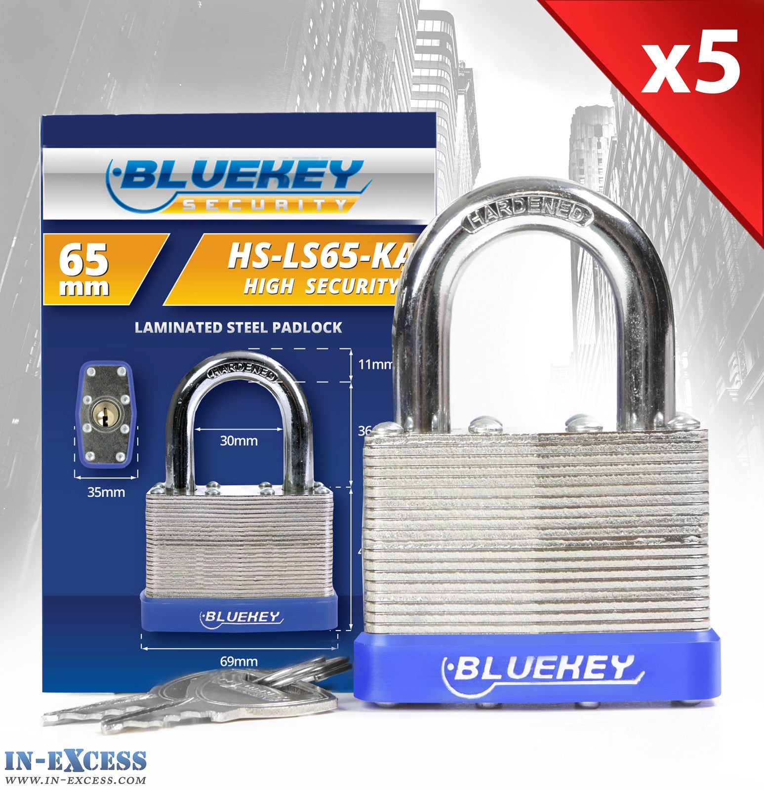 5x Bluekey Heavy Duty Laminated Steel Keyed Alike 65mm Padlocks HS-LS65-KA