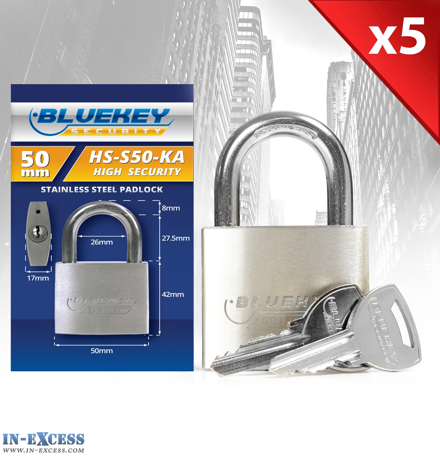 5x Bluekey Heavy Duty Stainless Steel Keyed Alike 50mm Padlocks HS-S50-KA