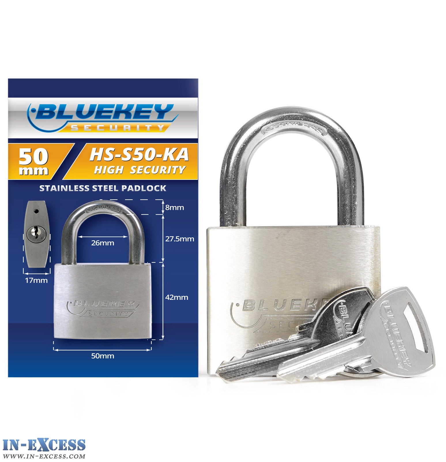 5x Bluekey Heavy Duty Stainless Steel Keyed Alike 50mm Padlocks HS-S50-KA