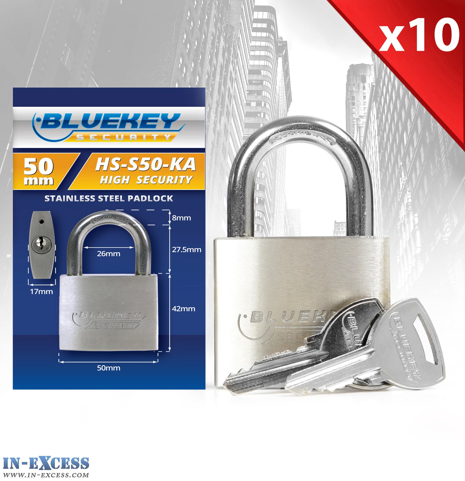 10x Bluekey Heavy Duty Stainless Steel Keyed Alike 50mm Padlocks HS-S50-KA