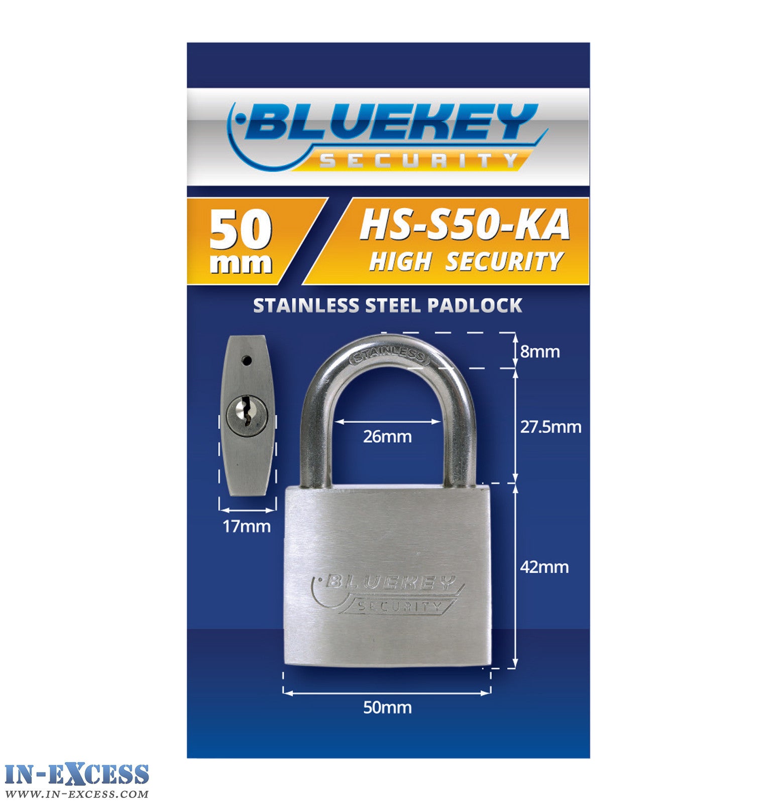 5x Bluekey Heavy Duty Stainless Steel Keyed Alike 50mm Padlocks HS-S50-KA