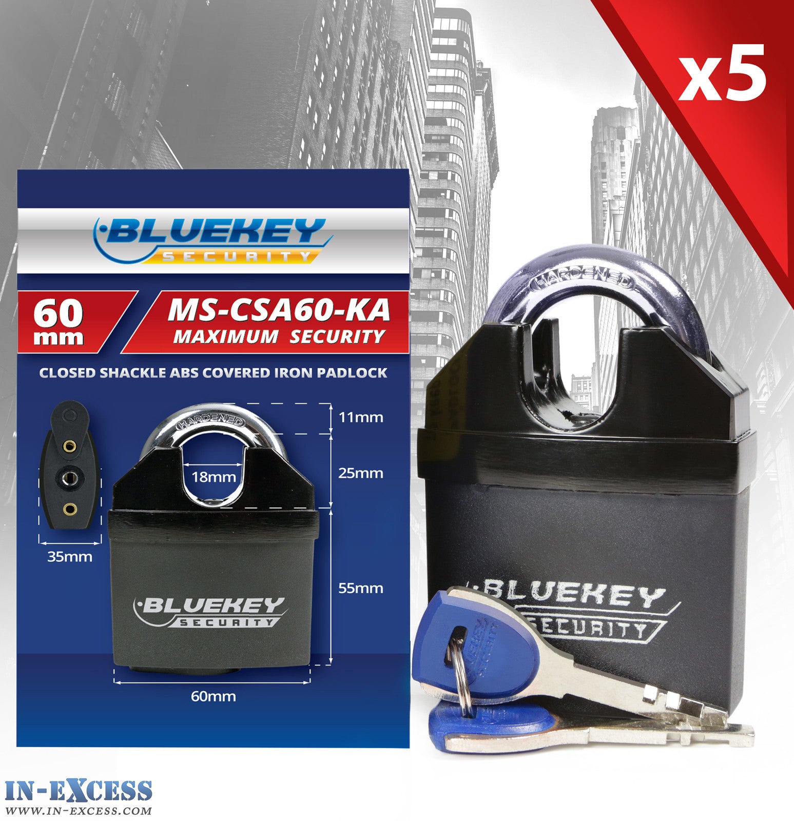 5x Bluekey Maximum Security Solid Iron Body Keyed Alike 60mm Padlocks - MS-CSA60-KA