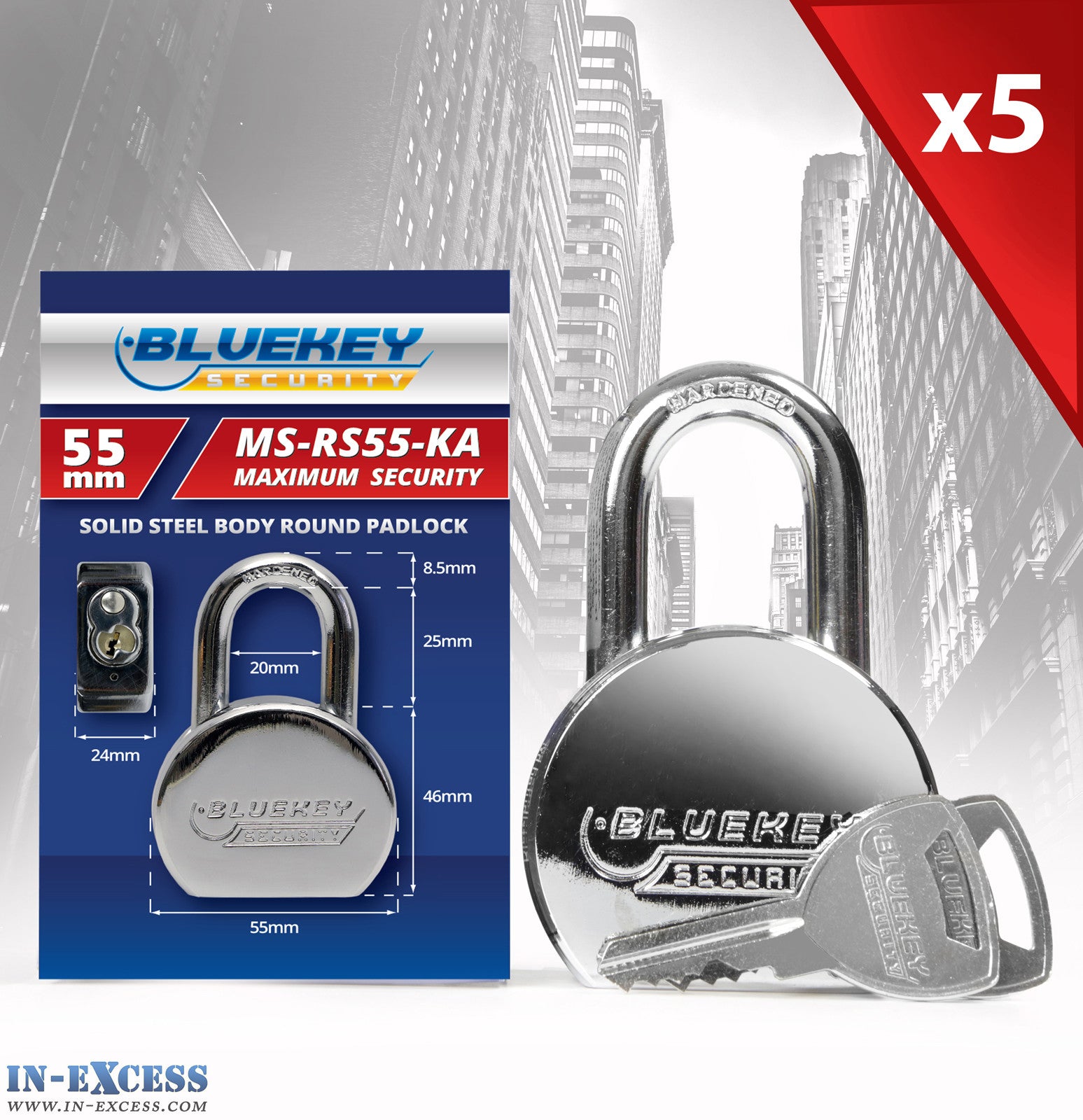 5x Bluekey Maximum Security Solid Steel Body Round Keyed Alike 55mm Padlocks MS-RS55-KA