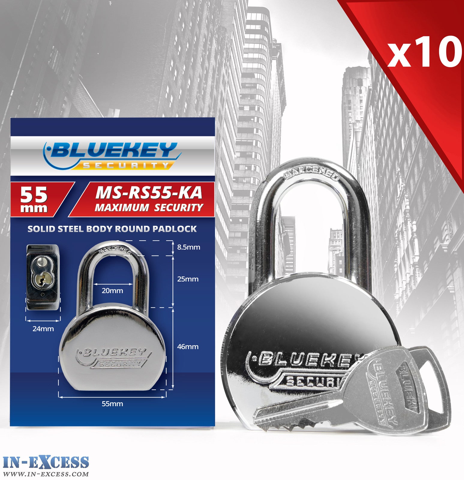 10x Bluekey Maximum Security Solid Steel Body Round Keyed Alike 55mm Padlocks MS-RS55-KA