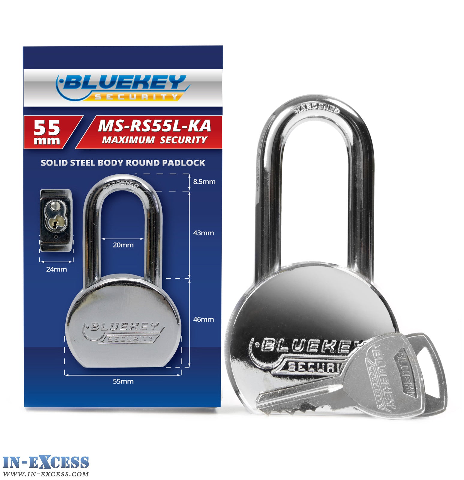 5x Bluekey Maximum Security Solid Steel Body Round Keyed Alike 55mm Padlocks MS-RS55L-KA