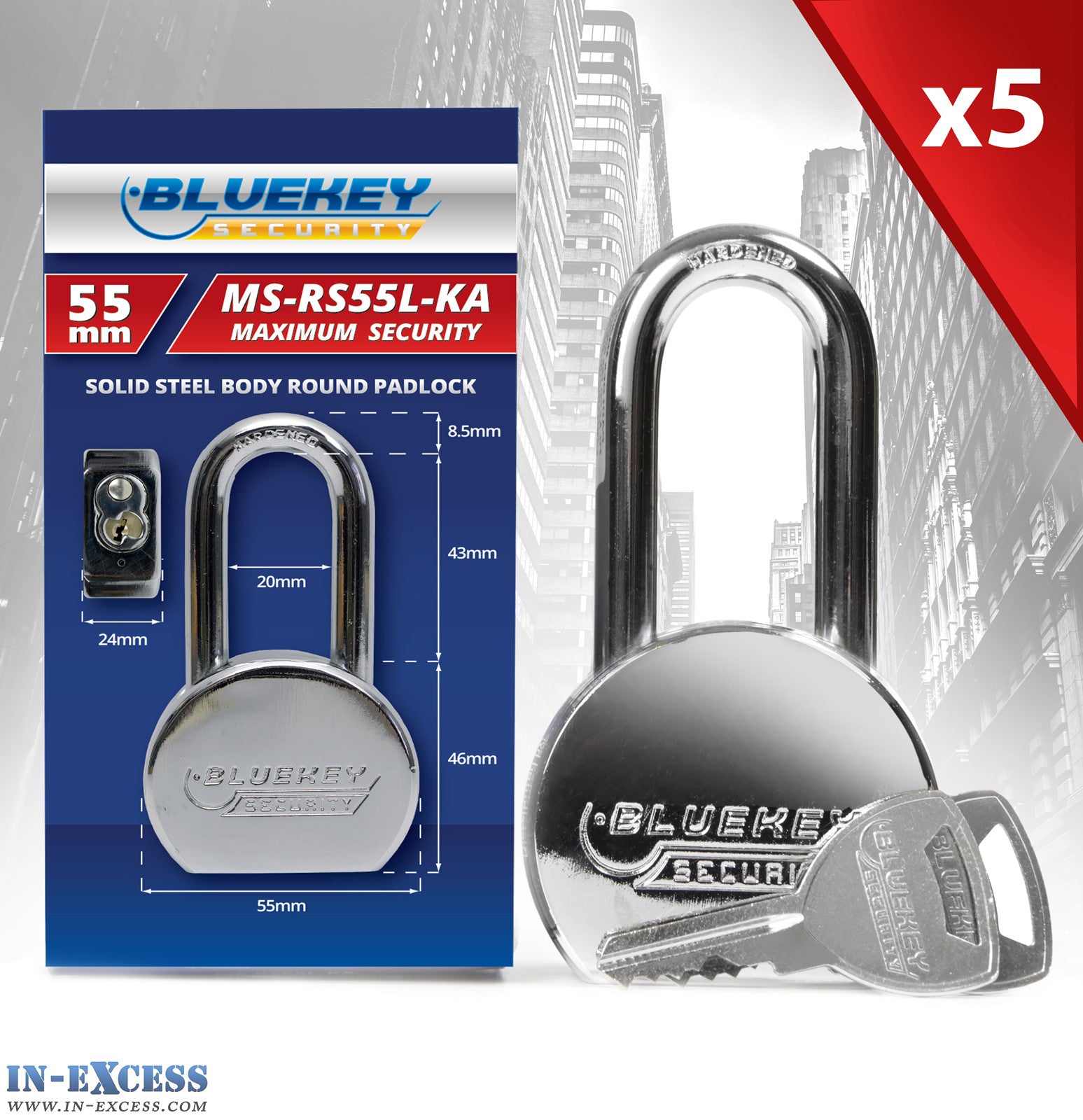 5x Bluekey Maximum Security Solid Steel Body Round Keyed Alike 55mm Padlocks MS-RS55L-KA