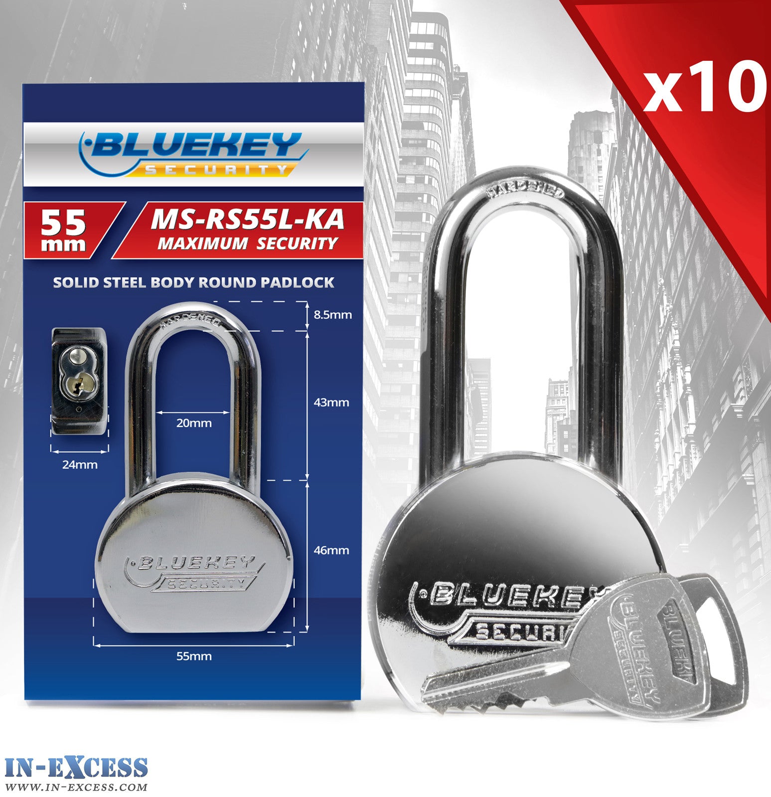 10x Bluekey Maximum Security Solid Steel Body Round Keyed Alike 55mm Padlocks MS-RS55L-KA