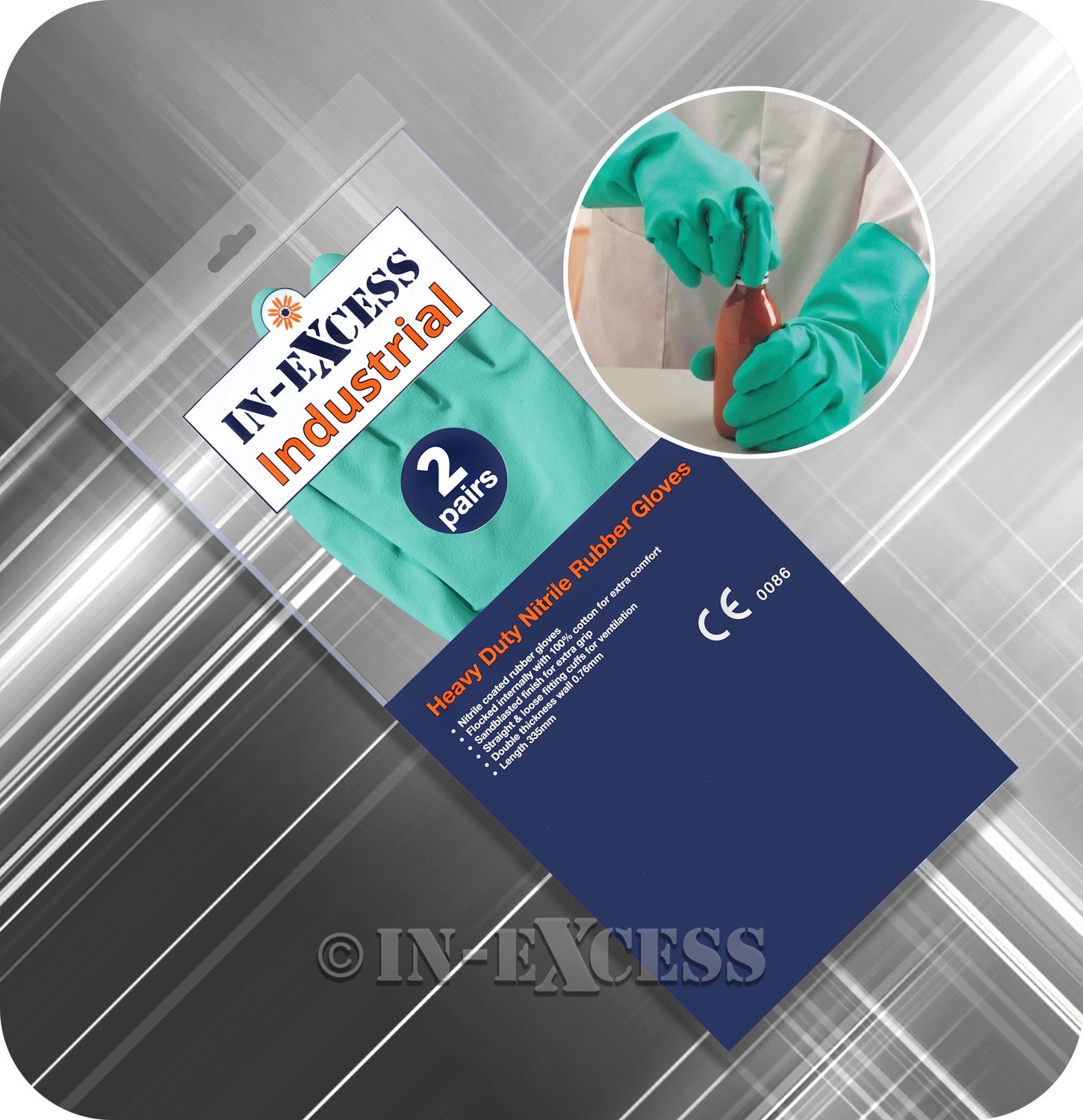 In-Excess Industrial Heavy Duty EN388 & EN374 Nitrile Rubber Gloves - 2 Pairs of Green Gloves