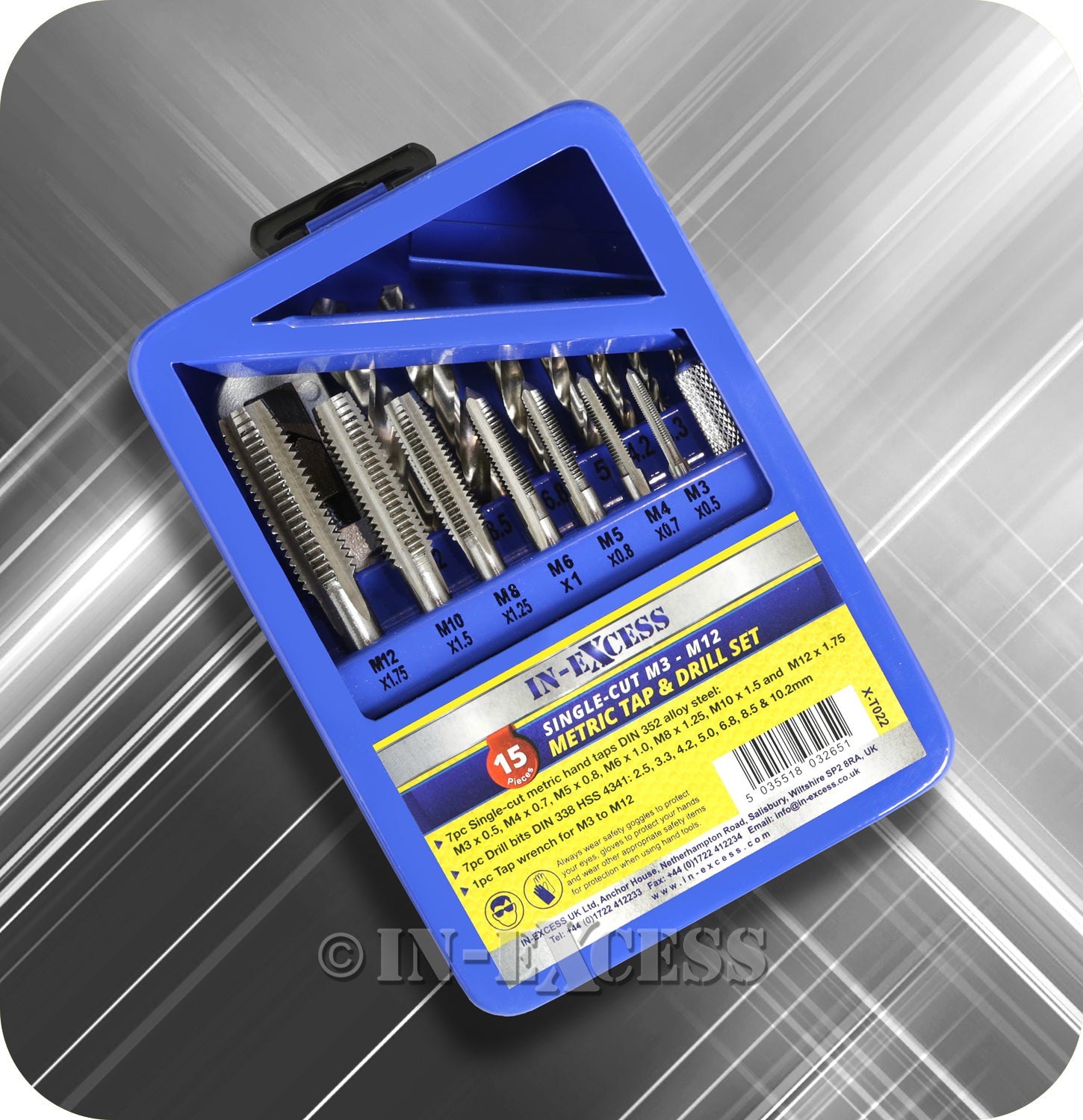 In-Excess Metric M3 - M12 Tap & Power Tool Drill Bit Alloy Steel Set - Set of 15 Pieces