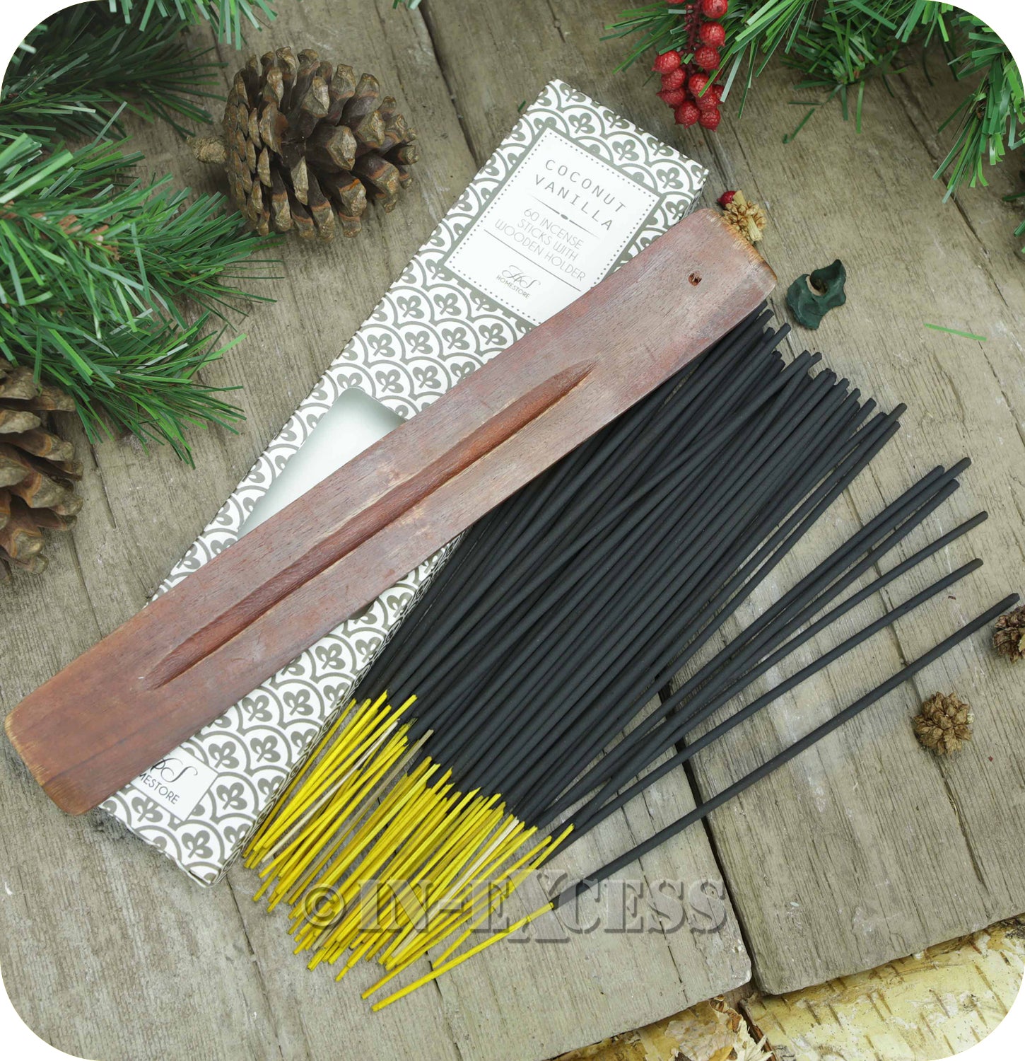 Fragranced Room Aroma Incense Sticks With Wooden Holder Coconut Vanilla - Pack of 60 Pieces
