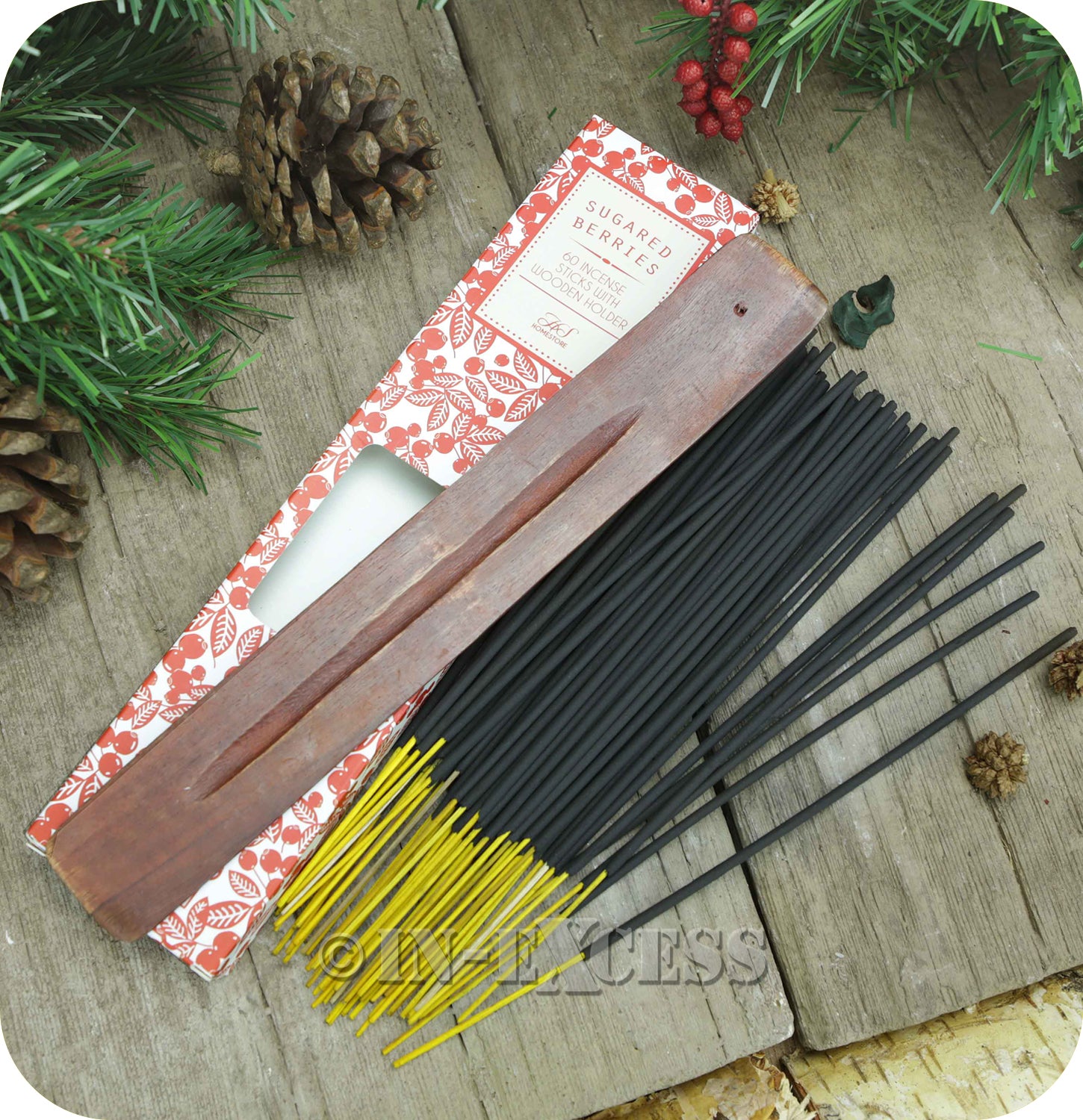 Fragranced Room Aroma Incense Sticks With Wooden Holder Sugared Berries - Pack of 60 Pieces