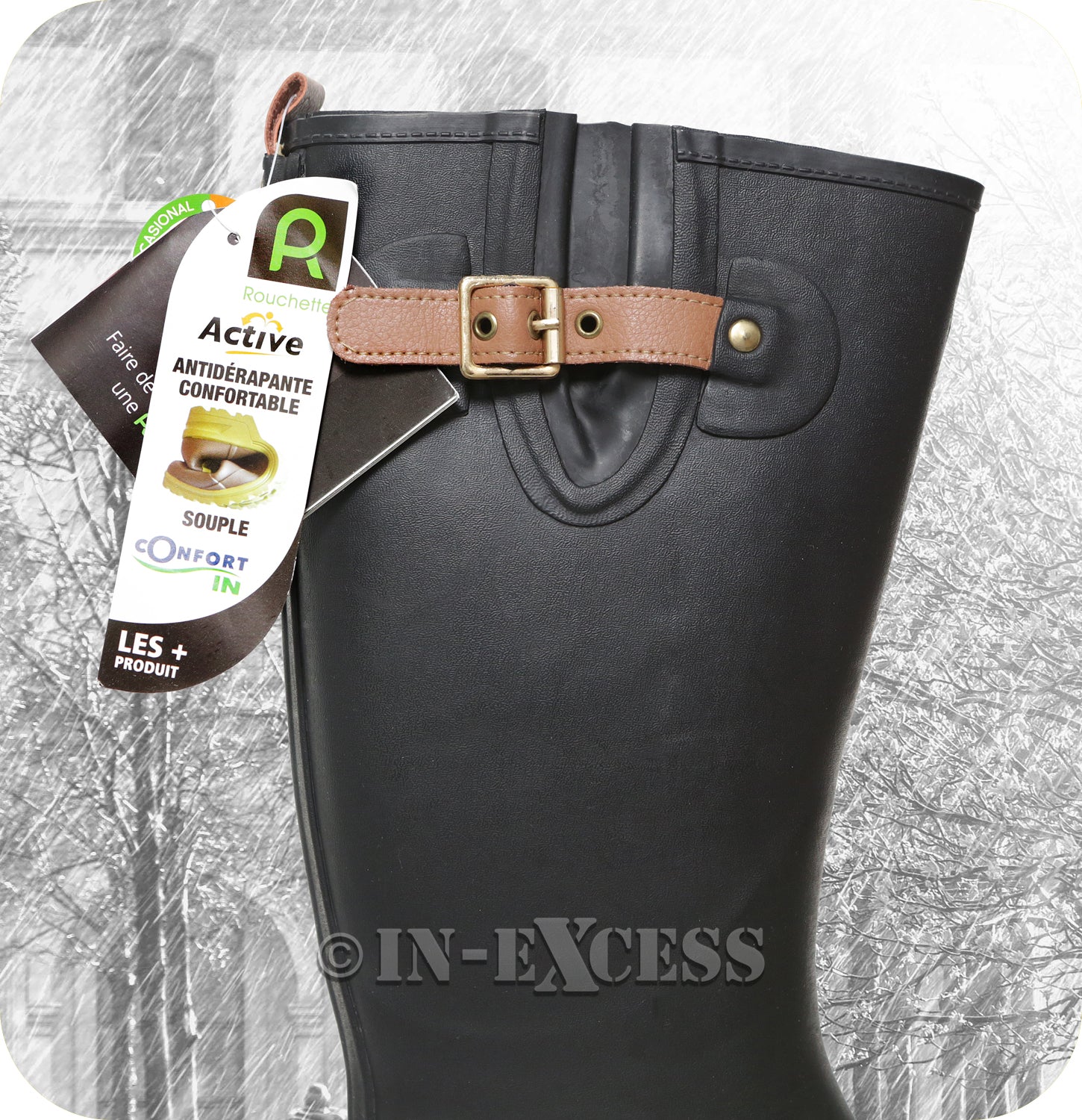 Rouchette Stylish Adjustable Leather Buckle Slim Wellington Walking Boots - Black
