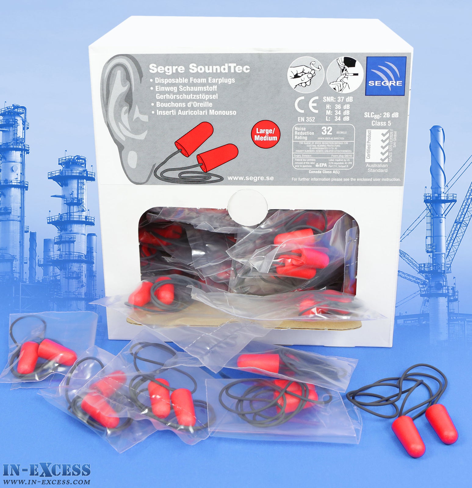 100 Pairs Of Segre SoundTec Medium/Large Corded Disposable Foam Earplugs EN352